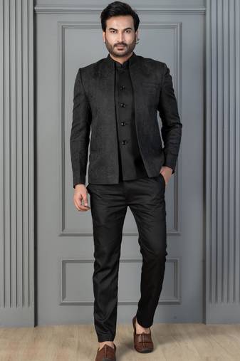 Black premium indowestern set  waist coat and pant set for men with embroidered work