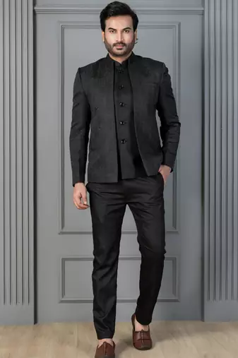 Black premium indowestern set  waist coat and pant set for men with embroidered work
