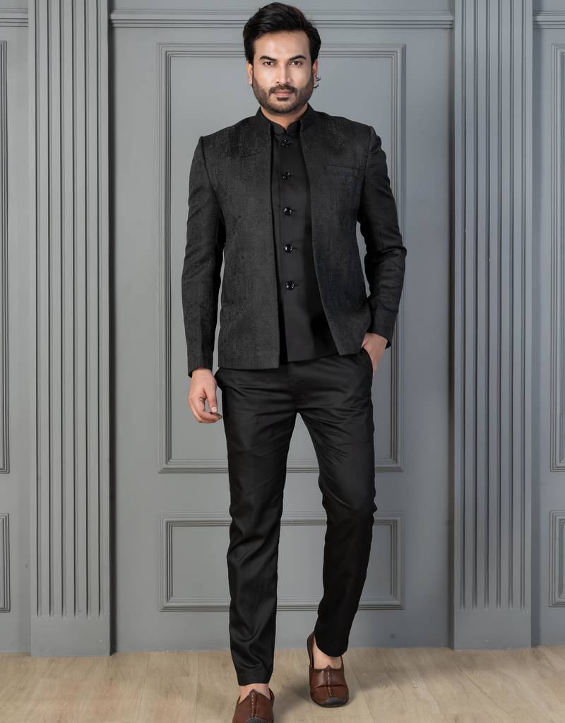 Black premium indowestern set  waist coat and pant set for men with embroidered work