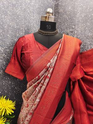 Orange Art silk blend banarasi jacuard bird motif work saree with unstitched blouse piece 7