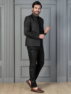 Black premium indowestern set  waist coat and pant set for men with embroidered work 2