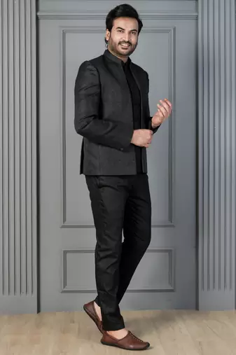 Black premium indowestern set  waist coat and pant set for men with embroidered work