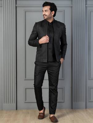 Black premium indowestern set  waist coat and pant set for men with embroidered work 3