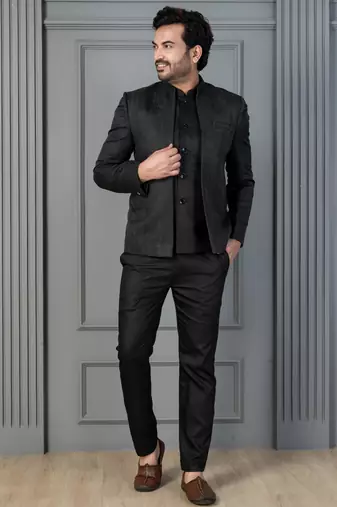 Black premium indowestern set  waist coat and pant set for men with embroidered work