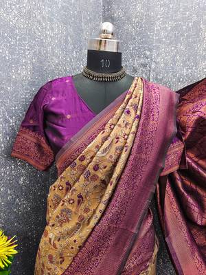 Beige wine Art silk blend banarasi jacuard bird motif work saree with unstitched blouse piece 7