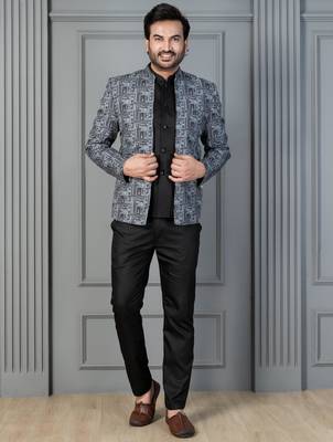 Green premium indowestern set , waist coat and pant set for men with printed 1