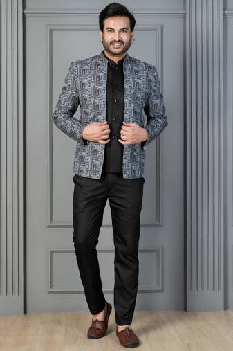 Green premium indowestern set , waist coat and pant set for men with printed