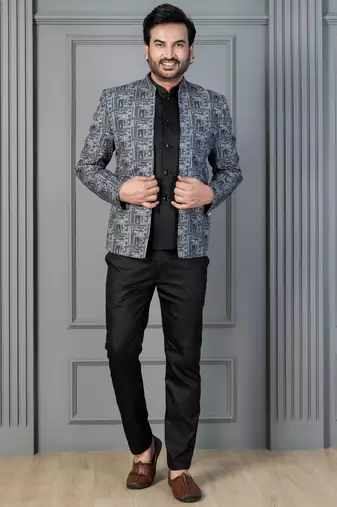 Green premium indowestern set , waist coat and pant set for men with printed