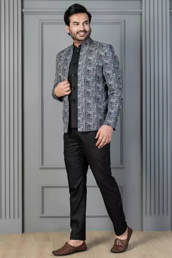 Green premium indowestern set , waist coat and pant set for men with printed