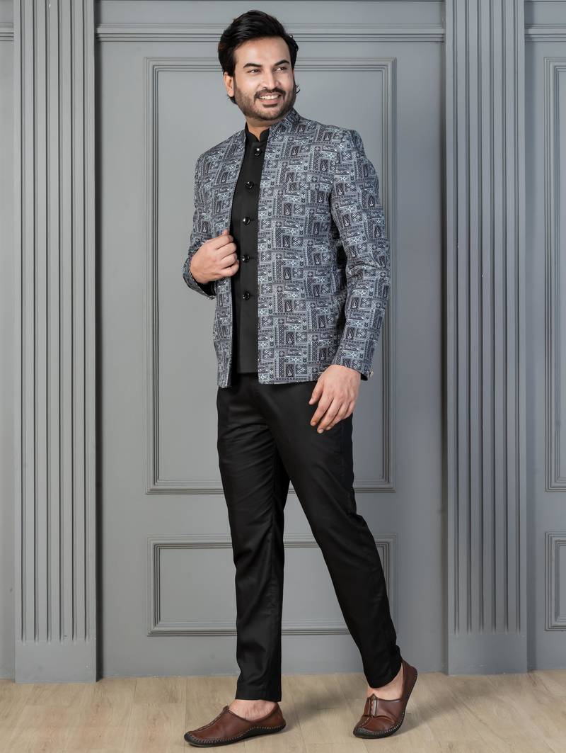 Green premium indowestern set , waist coat and pant set for men with printed