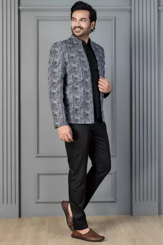 Green premium indowestern set , waist coat and pant set for men with printed