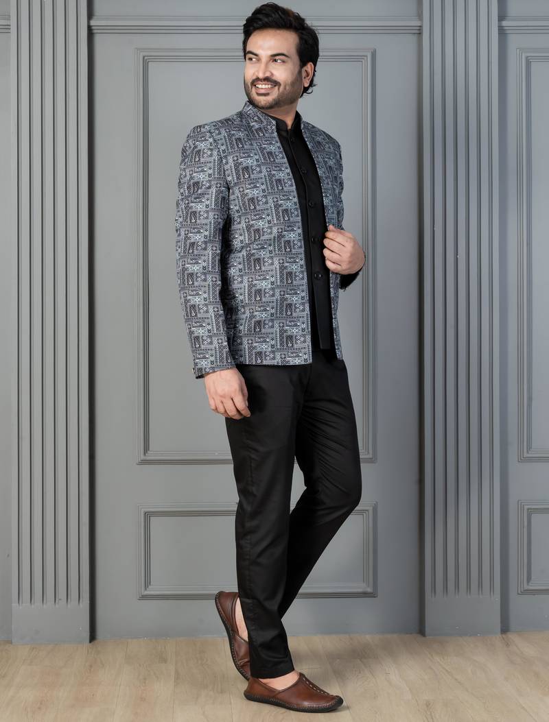 Green premium indowestern set , waist coat and pant set for men with printed