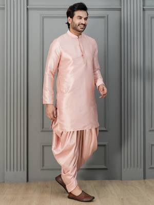pink silk blend dhoti set for men with embroidered work 1