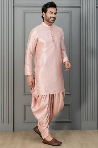pink silk blend dhoti set for men with embroidered work
