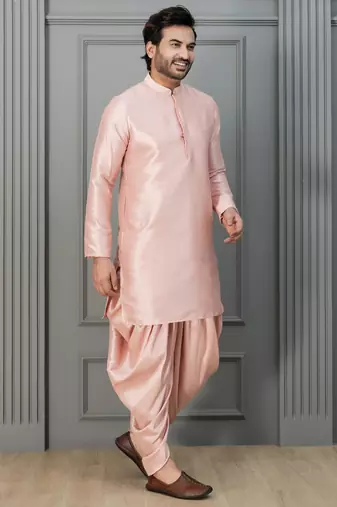 pink silk blend dhoti set for men with embroidered work