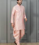 pink silk blend dhoti set for men with embroidered work