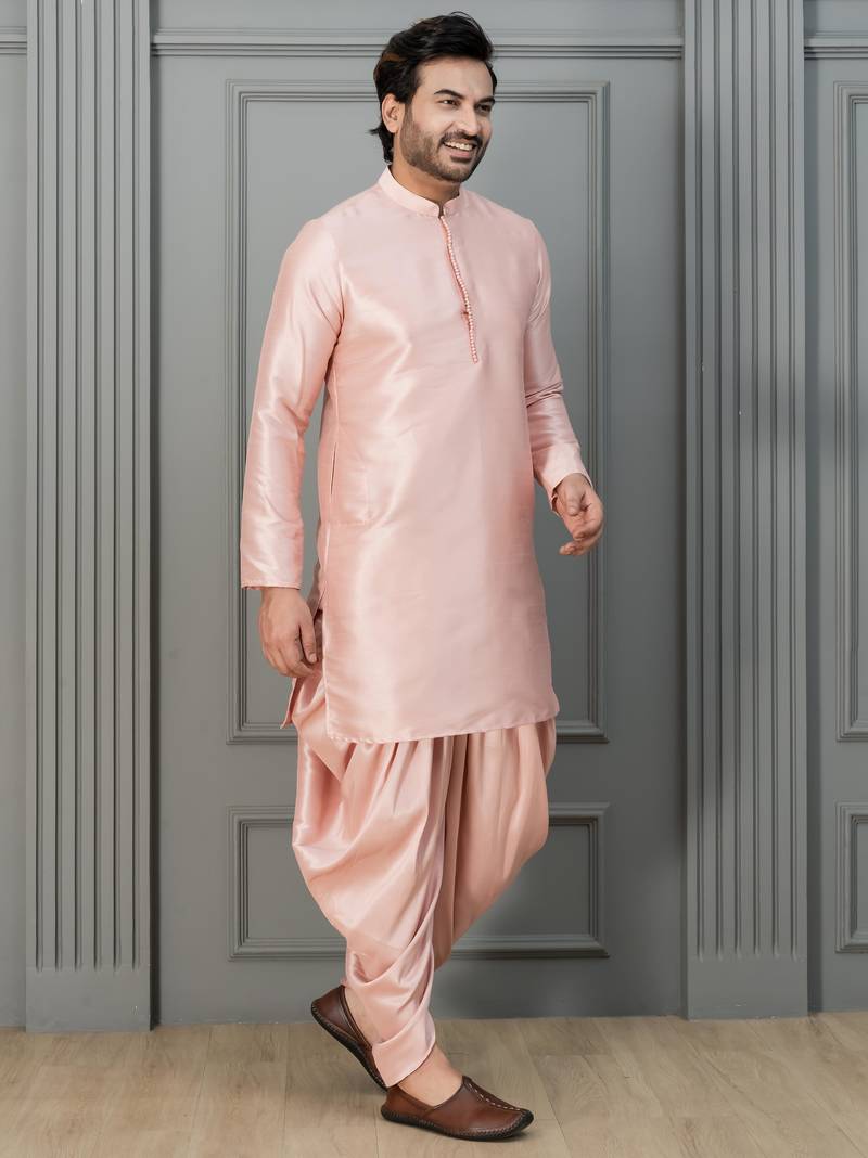 pink silk blend dhoti set for men with embroidered work