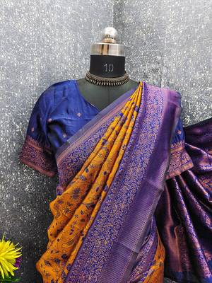 Mustard blue Art silk blend banarasi jacuard bird motif work saree with unstitched blouse piece 7