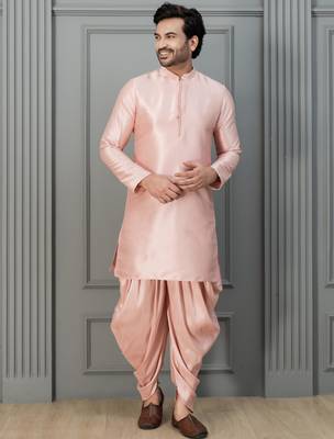 pink silk blend dhoti set for men with embroidered work 2