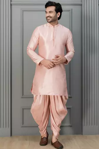 pink silk blend dhoti set for men with embroidered work