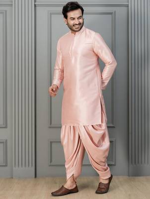 pink silk blend dhoti set for men with embroidered work 3