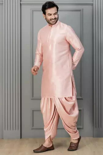 pink silk blend dhoti set for men with embroidered work