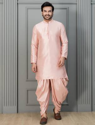 pink silk blend dhoti set for men with embroidered work 4