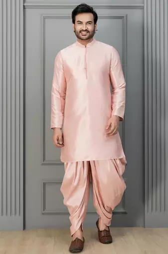 pink silk blend dhoti set for men with embroidered work