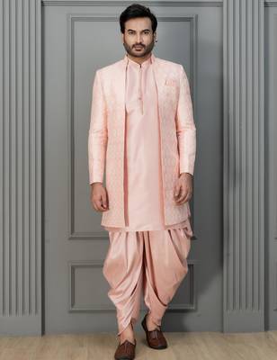 Peach pink silk blend sherwani dhoti set for men with embroidered work 1