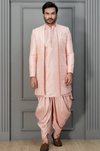 Peach pink silk blend sherwani dhoti set for men with embroidered work