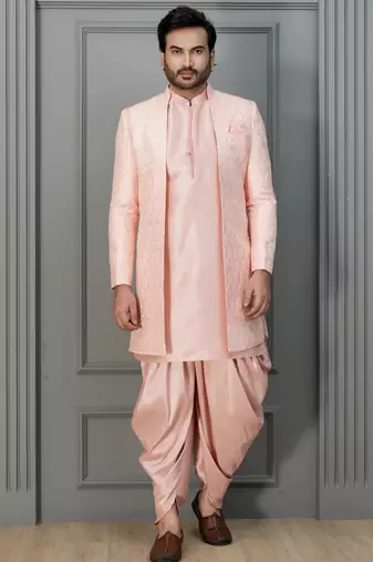 Peach pink silk blend sherwani dhoti set for men with embroidered work