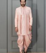 Peach pink silk blend sherwani dhoti set for men with embroidered work