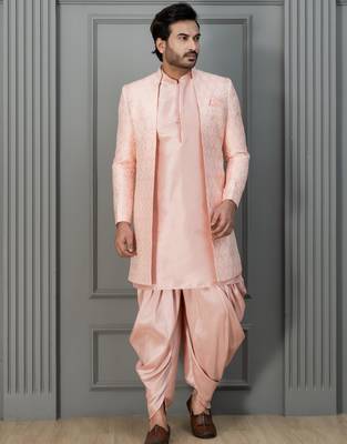 Peach pink silk blend sherwani dhoti set for men with embroidered work 2