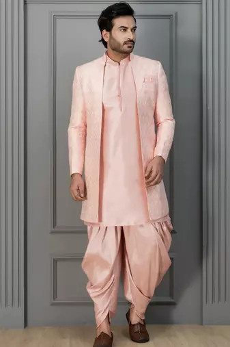 Peach pink silk blend sherwani dhoti set for men with embroidered work