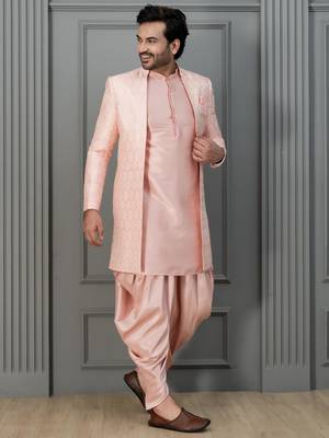 Peach pink silk blend sherwani dhoti set for men with embroidered work 3