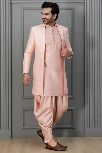 Peach pink silk blend sherwani dhoti set for men with embroidered work