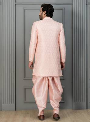 Peach pink silk blend sherwani dhoti set for men with embroidered work 4