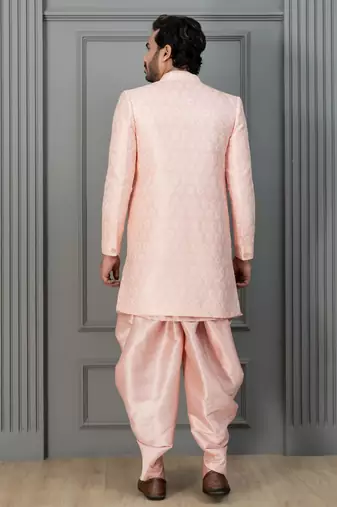 Peach pink silk blend sherwani dhoti set for men with embroidered work