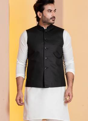 Black plain nehru jacket for men with embroidered work 1