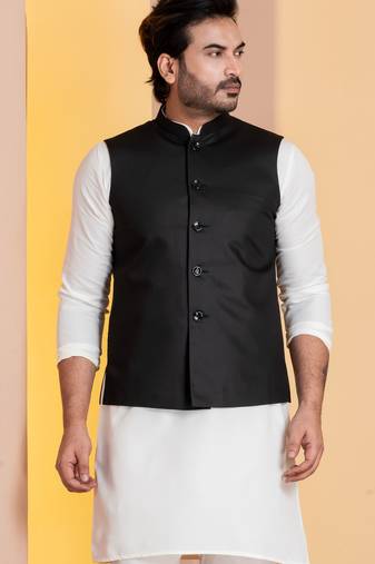 Black plain nehru jacket for men with embroidered work