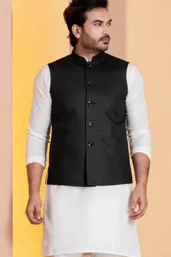 Black plain nehru jacket for men with embroidered work