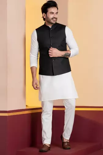 Black plain nehru jacket for men with embroidered work