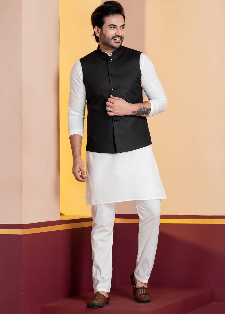 Black plain nehru jacket for men with embroidered work