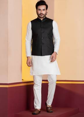 Black plain nehru jacket for men with embroidered work 3
