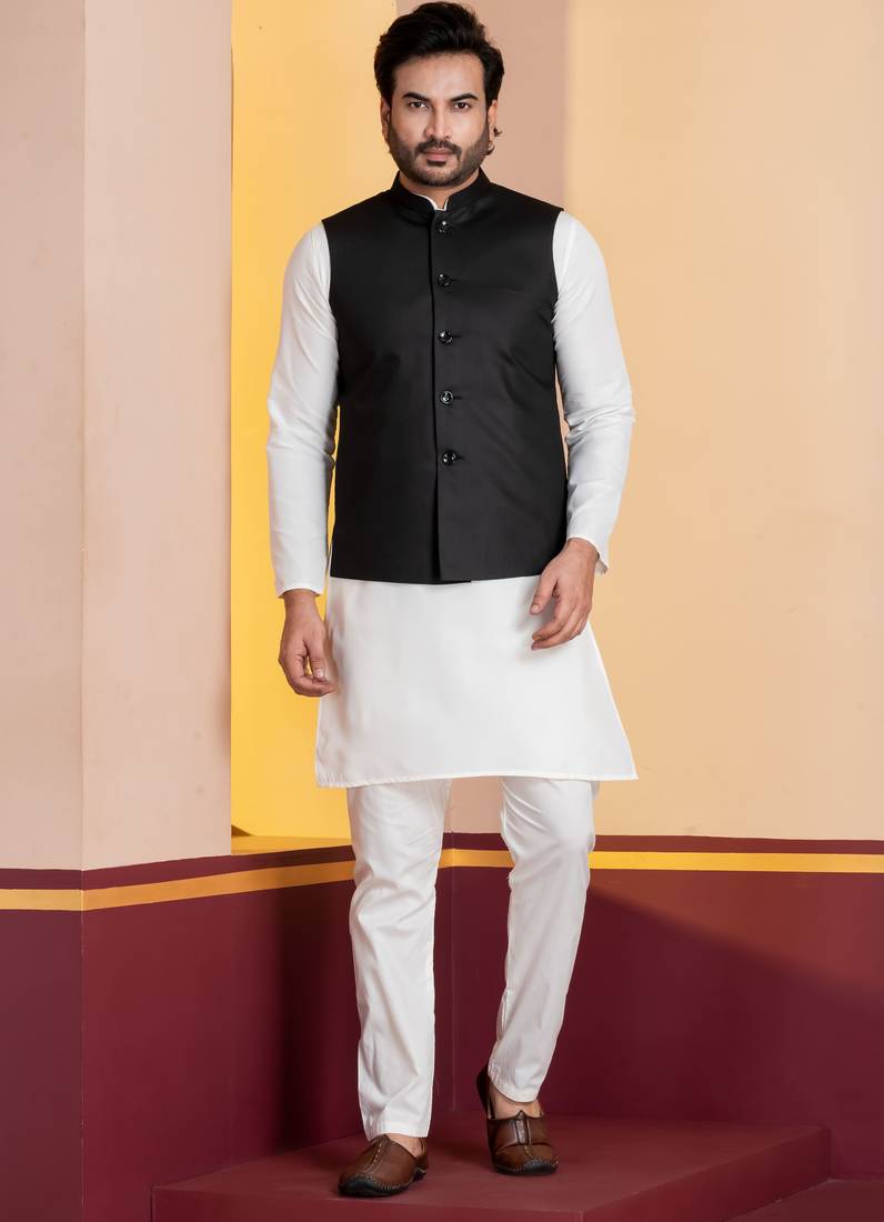 Black plain nehru jacket for men with embroidered work