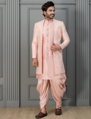 Peach pink  silk blend sherwani dhoti set for men with embroidered work 1
