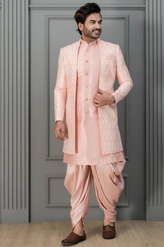 Peach pink  silk blend sherwani dhoti set for men with embroidered work