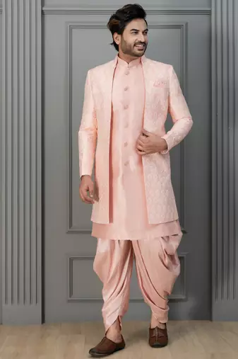 Peach pink  silk blend sherwani dhoti set for men with embroidered work