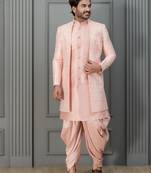 Peach pink  silk blend sherwani dhoti set for men with embroidered work