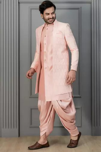 Peach pink  silk blend sherwani dhoti set for men with embroidered work